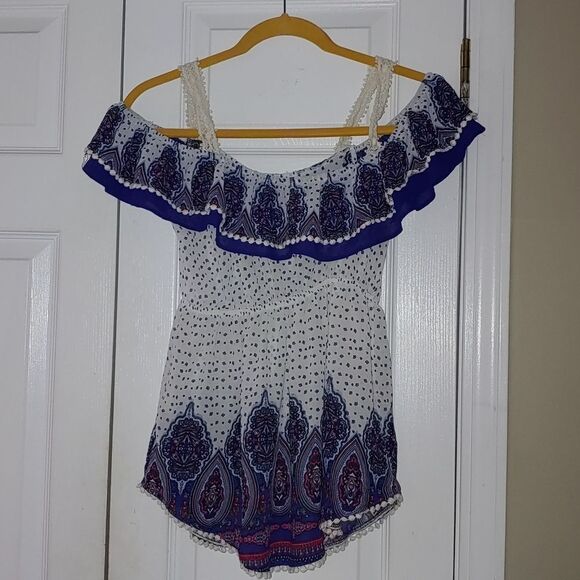 Jolt white blue off the shoulder boho top Sz XS - Picture 4 of 6